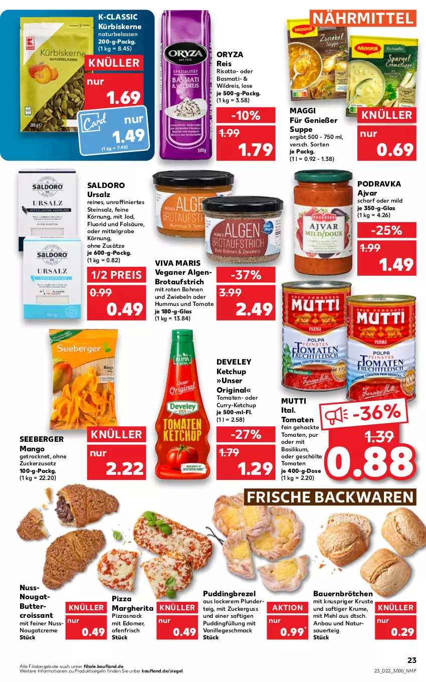 Aktueller Prospekt Kaufland - von 02.06 bis 08.06.2022 - strona 27 - produkty: Ajvar, angebot, angebote, auer, aufstrich, backwaren, basilikum, basmati, Bau, Bauer, Berger, bohne, bohnen, brezel, brot, brotaufstrich, brötchen, butter, creme, Croissant, curry, develey, edamer, eis, frische backwaren, gin, hummus, ketchup, Kürbis, kürbiskerne, LG, mac, maggi, mango, margherita, mehl, Mutti, natur, Nougatcreme, nuss, Ofen, oryza, pizza, Plunder, pudding, reis, risotto, rum, saft, salz, seeberger, snack, suppe, Ti, tomate, tomaten, vanille, Wild, zucker, zwiebel, zwiebeln