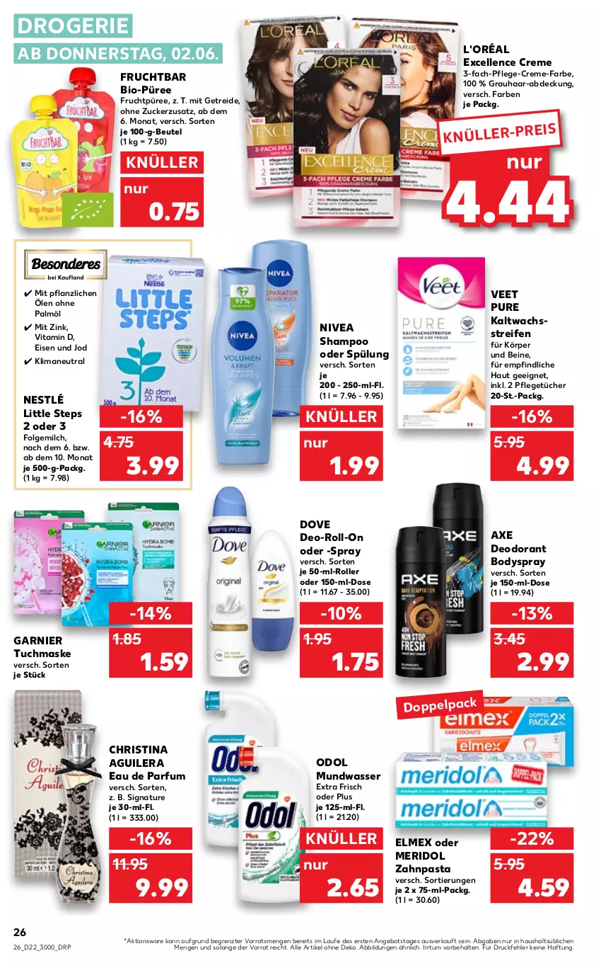 Aktueller Prospekt Kaufland - von 02.06 bis 08.06.2022 - strona 30 - produkty: angebot, axe, beutel, bio, body, bodyspray, creme, deo, deodorant, dove, Eau de parfum, eis, elle, elmex, folgemilch, frucht, garnier, kaltwachsstreifen, LG, Maske, meridol, milch, mundwasser, natur, nestlé, nivea, Odol, ohne palmöl, parfum, pasta, püree, reifen, roll-on, Roller, shampoo, shampoo oder spülung, spülung, Ti, tuc, tücher, tuchmaske, veet, vita, Vitamin D, wasser, zahnpasta, ZTE, zucker