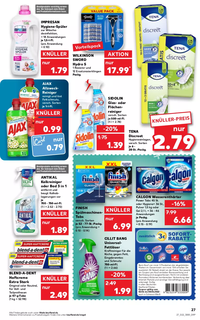 Aktueller Prospekt Kaufland - von 02.06 bis 08.06.2022 - strona 31 - produkty: ajax, allzweckreiniger, angebot, angebote, Bad, Brei, calgon, Cillit, cillit bang, coupon, creme, Desinfektion, Discreet, eis, Fettlöser, Finish, gin, Haftcreme, Kalkreiniger, kraft, küche, LG, rasierer, Rasierklinge, rasierklingen, reiniger, resa, sidolin, spülmaschinen, spülmaschinentabs, Ti, wasser, wasserenthärter, weck, wilkinson