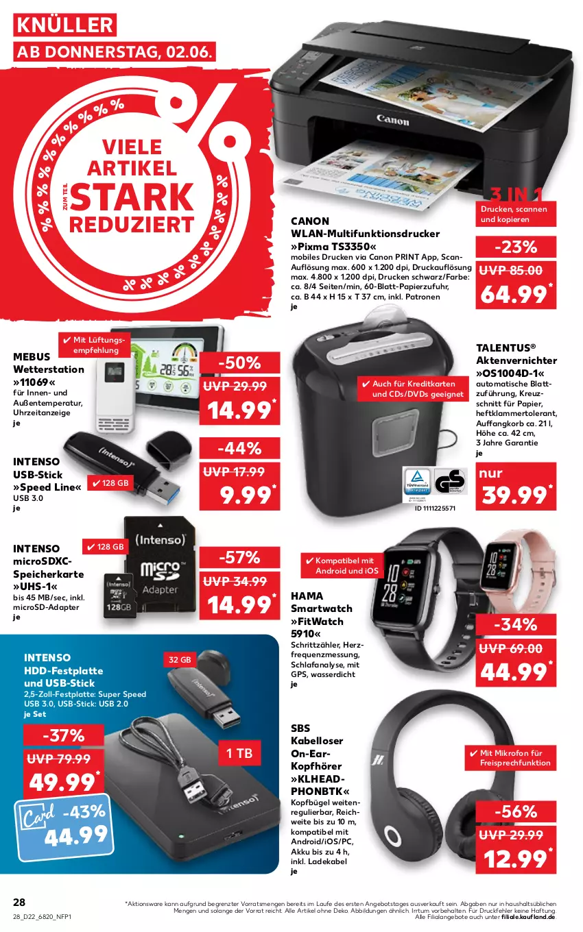 Aktueller Prospekt Kaufland - von 02.06 bis 08.06.2022 - strona 32 - produkty: adapter, akku, Aktenvernichter, angebot, angebote, auto, bügel, canon, deka, drucker, dvd, eis, ente, festplatte, GPS, hama, HDD, intenso, kopfhörer, korb, ladekabel, lamm, latte, microsd, microsdxc, multifunktionsdrucker, papier, reis, smartwatch, spee, speicherkarte, Ti, tisch, uhr, usb, wasser, Wetterstation, ZTE