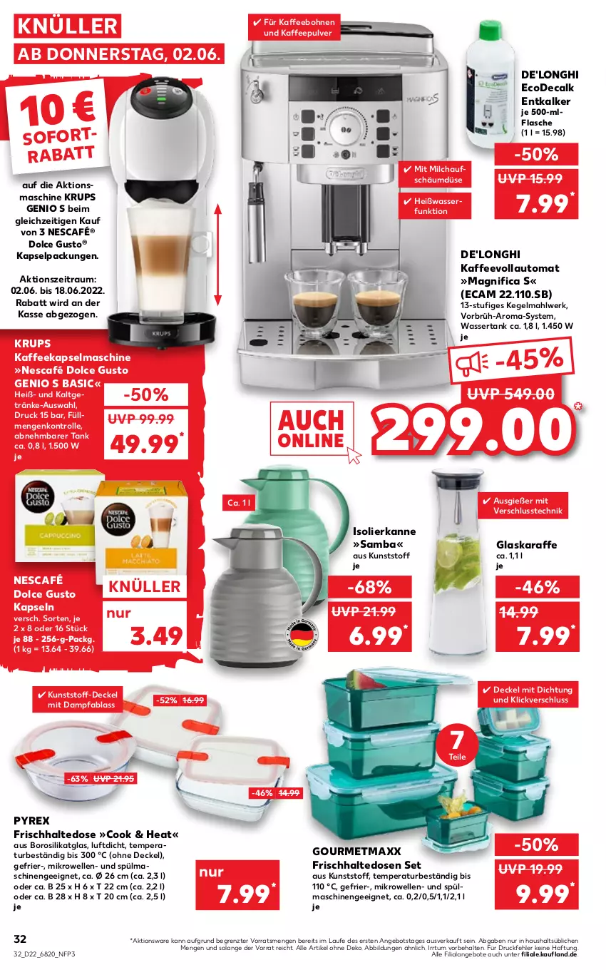 Aktueller Prospekt Kaufland - von 02.06 bis 08.06.2022 - strona 36 - produkty: angebot, angebote, auto, bohne, bohnen, De'Longhi, decke, Deckel, dolce gusto, elle, entkalker, flasche, frischhaltedosen, getränk, getränke, glaskaraffe, gourmetmaxx, isolierkanne, kaffee, kaffeebohnen, kaffeevollautomat, Kapselmaschine, Karaffe, krups, mikrowelle, milch, Nescafé, pyrex, sofortrabatt, spülmaschinen, Ti, wasser, wassertank, ZTE