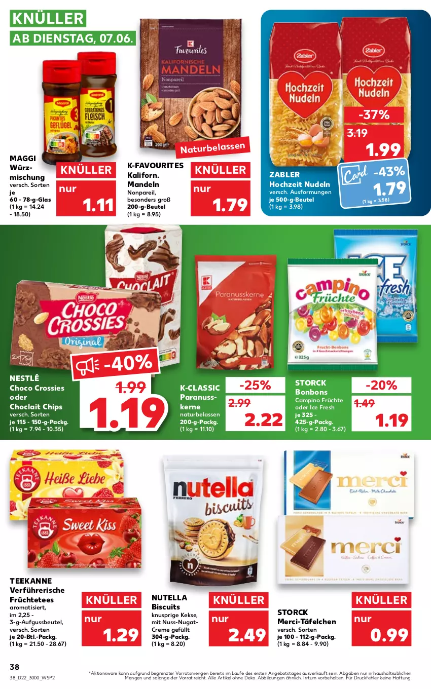 Aktueller Prospekt Kaufland - von 02.06 bis 08.06.2022 - strona 42 - produkty: angebot, beutel, bonbons, chips, choclait chips, choco crossies, creme, crossies, früchte, Früchtetee, Hochzeit Nudeln, keks, kekse, maggi, mandel, mandeln, merci, natur, nestlé, nudel, nudeln, nuss, nutella, Paranusskerne, storck, tee, teekanne, Ti, Zabler, ZTE