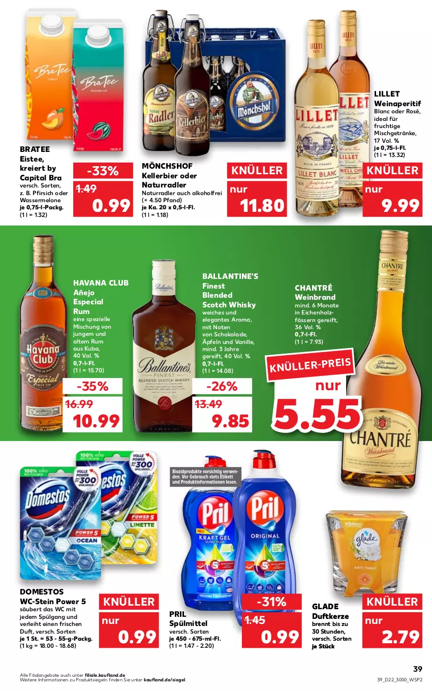 Aktueller Prospekt Kaufland - von 02.06 bis 08.06.2022 - strona 43 - produkty: alkohol, angebot, angebote, aperitif, ball, Ballantine's, bier, blended scotch, blended scotch whisky, BraTee, Cap, chantré, domestos, Duftkerze, eier, eis, eistee, elle, frucht, getränk, getränke, Glade, Havana Club, Holz, kellerbier, kerze, LG, lillet, melone, mönchshof, natur, pfirsich, pril, radler, rum, schoko, schokolade, scotch, scotch whisky, Spezi, spülmittel, tee, Ti, vanille, wasser, wassermelone, wein, weinbrand, whisky