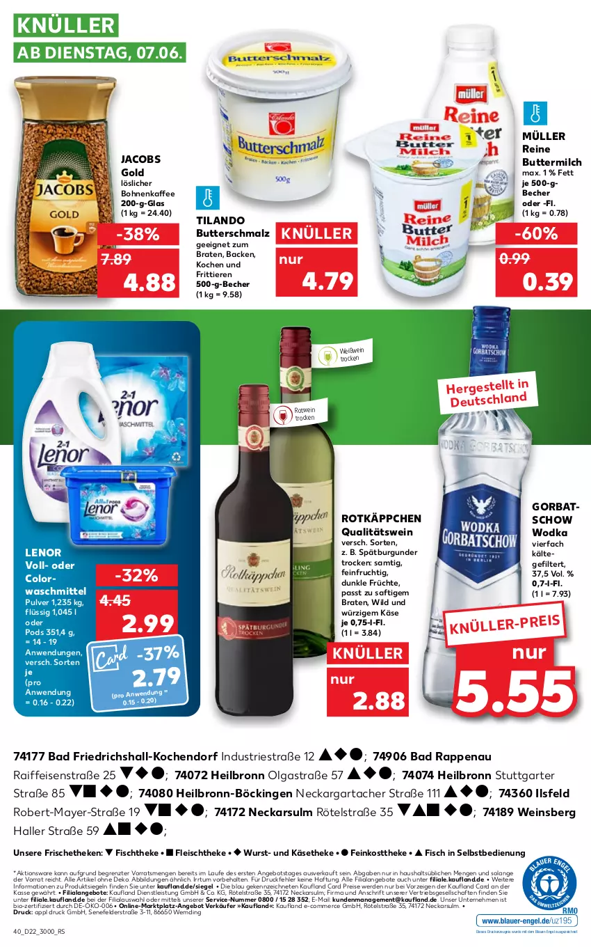 Aktueller Prospekt Kaufland - von 02.06 bis 08.06.2022 - strona 44 - produkty: angebot, angebote, Astra, Bad, Becher, bio, bohne, bohnen, bohnenkaffee, braten, burgunder, butter, buttermilch, Butterschmalz, colorwaschmittel, drucker, eis, Engel, erde, feinkost, feinkosttheke, fisch, fischtheke, fleisch, frucht, früchte, Gorbatschow, gorbatschow wodka, jacobs, Jacobs Gold, kaffee, Käse, käsetheke, kerze, lenor, LG, löslicher bohnenkaffee, malz, milch, Müller, Pods, qualitätswein, reine buttermilch, reis, rotkäppchen, rotwein, saft, Schmalz, spätburgunder, Ti, Tiere, waschmittel, wein, Weißwein, Wild, wodka, wurst, ZTE