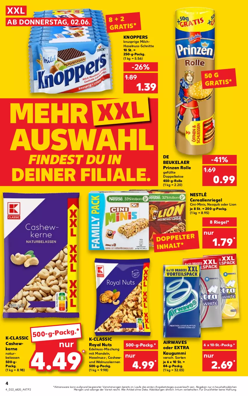 Aktueller Prospekt Kaufland - von 02.06 bis 08.06.2022 - strona 8 - produkty: angebot, Cashew, cashewkerne, cerealien, cin, de beukelaer, Doppelkekse, haselnuss, kaugummi, keks, kekse, knoppers, lion, mandel, mandeln, milch, natur, nesquik, nestlé, nuss, prinzen rolle, riegel, Ti, walnuss, walnusskerne, ZTE