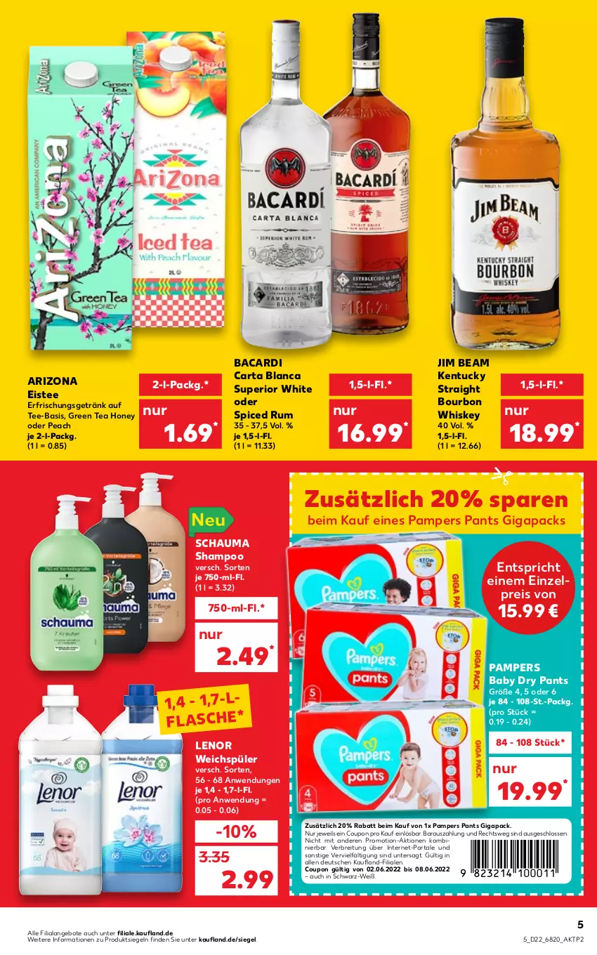 Aktueller Prospekt Kaufland - von 02.06 bis 08.06.2022 - strona 9 - produkty: angebot, angebote, bacardi, bourbon, bourbon whiskey, Brei, coupon, eis, eistee, erfrischungsgetränk, flasche, getränk, green tea, jim beam, kentucky straight, lenor, lenor weichspüler, pampers, pampers baby dry, Pants, reis, rum, schauma, schauma shampoo, shampoo, tee, Ti, tuc, weichspüler, whiskey