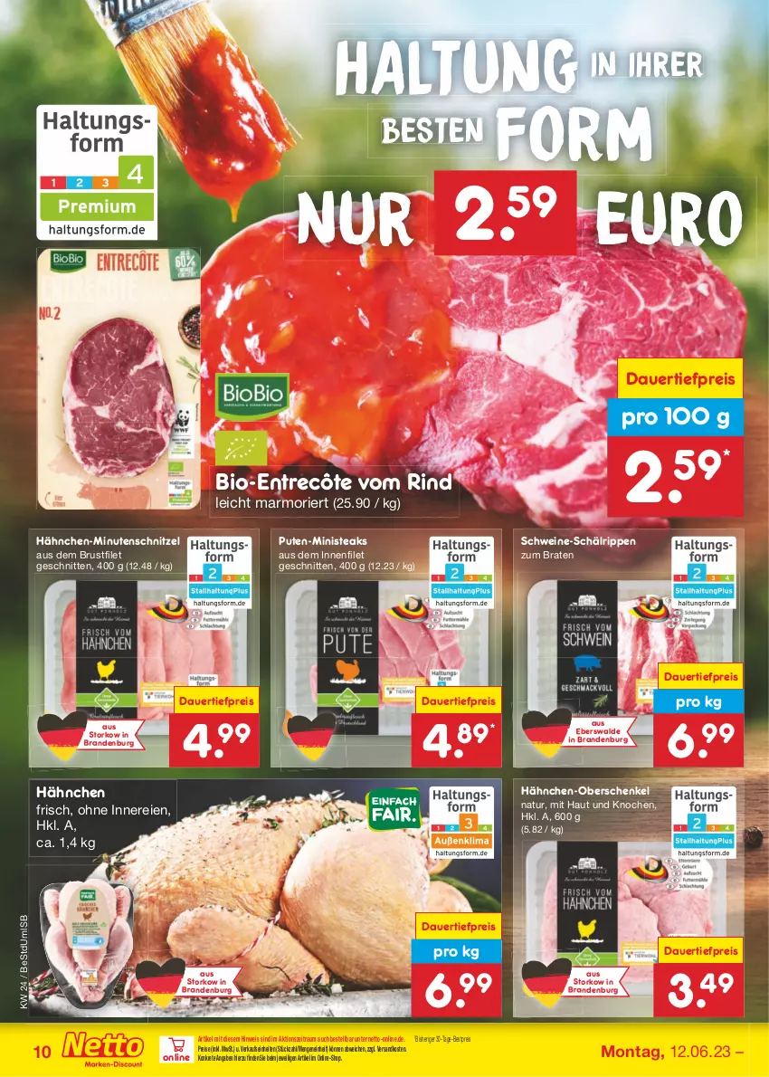 Aktueller Prospekt Netto Marken-Discount - Filial-Angebote - von 12.06 bis 17.06.2023 - strona 10 - produkty: auer, bestpreis, bio, braten, brustfilet, dauertiefpreis, eis, entrecôte, filet, henkel, minutenschnitzel, natur, ndk, pute, reis, rind, Rippen, schenkel, schnitten, schnitzel, schwein, schweine, steak, steaks, Ti, tiefpreis, wein, weine