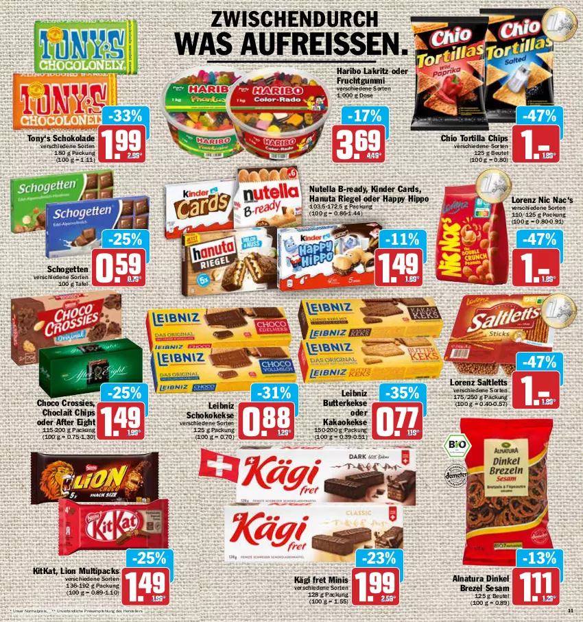 Aktueller Prospekt Aez - Prospekte - von 16.05 bis 21.05.2022 - strona 11 - produkty: after eight, beutel, brezel, butter, butterkeks, chips, choclait chips, choco crossies, crossies, eis, elle, frucht, fruchtgummi, hanuta, haribo, hipp, Kägi, kakao, keks, kekse, Kinder, kitkat, Lakritz, leibniz, lion, lorenz, natur, natura, nutella, reis, reiss, riegel, saltletts, schogetten, schoko, schokolade, sesam, teller, Ti, tortilla, Tortilla Chips