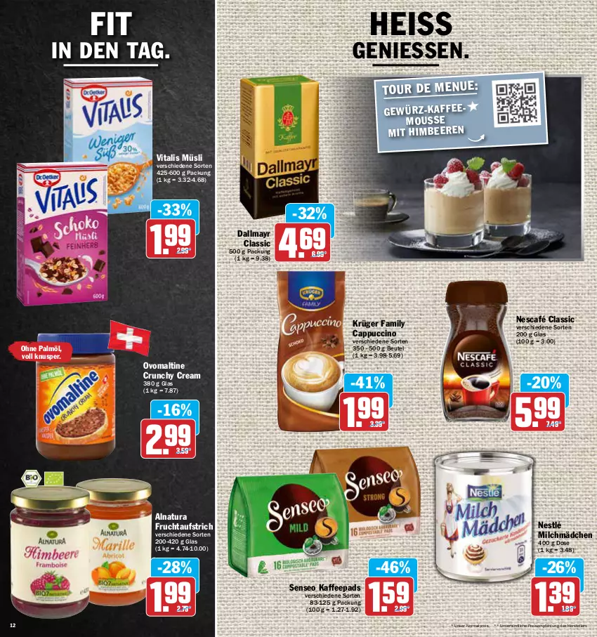 Aktueller Prospekt Aez - Prospekte - von 16.05 bis 21.05.2022 - strona 12 - produkty: aufstrich, beutel, Cap, cappuccino, cin, dallmayr, eis, elle, frucht, fruchtaufstrich, kaffee, kaffeepads, krüger, milch, müsli, natur, natura, Nescafé, nestlé, ohne palmöl, ovomaltine, reis, senseo, teller, Ti, vita, vitalis, vitalis müsli