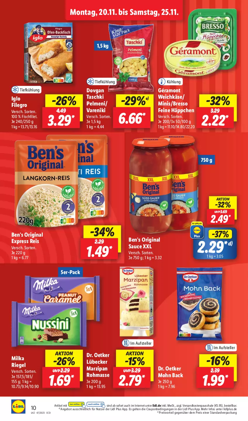 Aktueller Prospekt Lidl - Aktionsprospekt - von 20.11 bis 25.11.2023 - strona 10 - produkty: angebot, Ben’s Original, bresso, coupon, dovgan, Dr. Oetker, eis, elle, filegro, filet, fisch, géramont, gin, iglo, Käse, Lübecker, marzipan, milka, ndk, pelmeni, preisvorteil, reis, riegel, sauce, Schal, Schale, taschki, teller, Ti, weichkäse