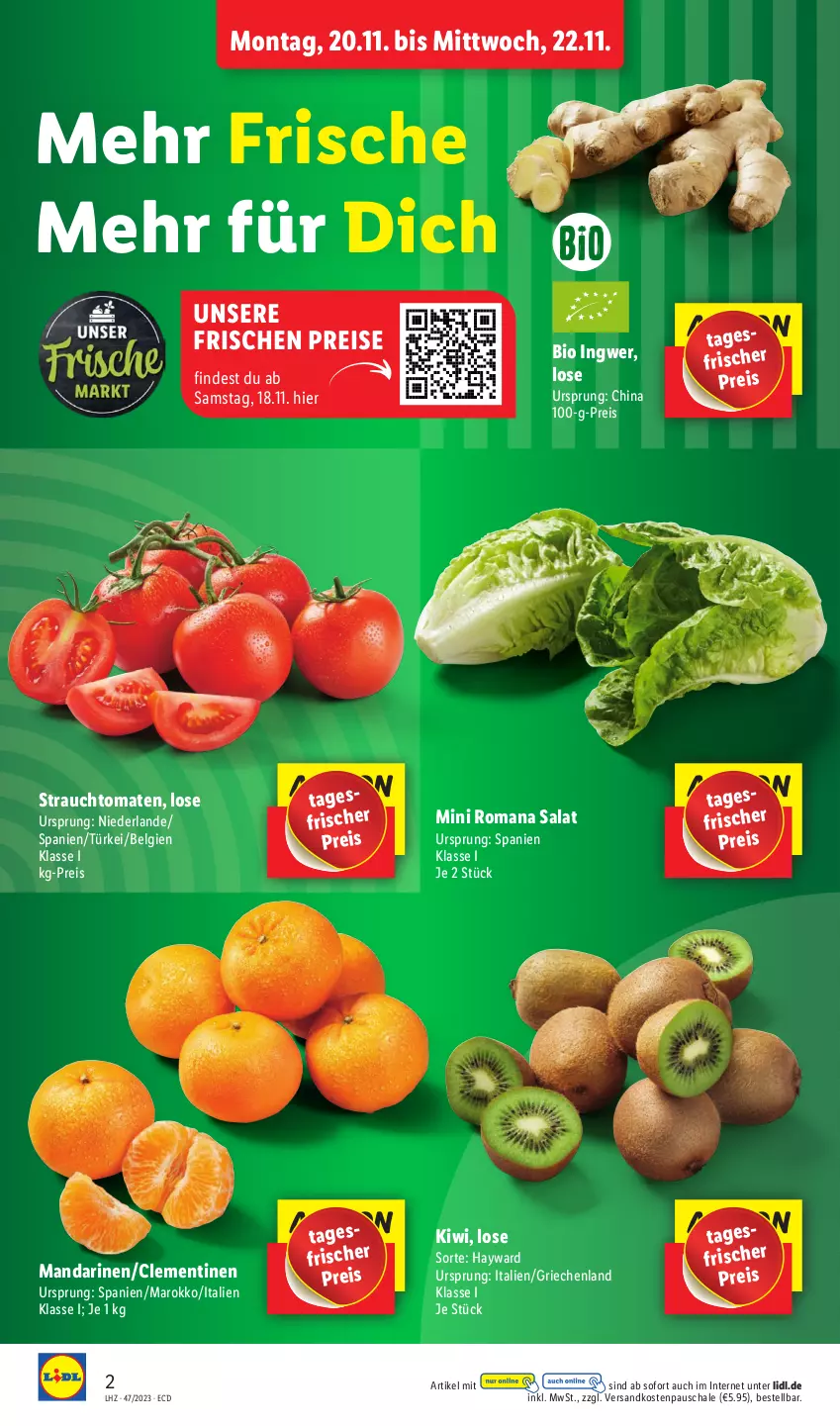 Aktueller Prospekt Lidl - Aktionsprospekt - von 20.11 bis 25.11.2023 - strona 2 - produkty: bio, clementinen, eis, ingwer, kiwi, LG, mandarine, mandarinen, ndk, Rauch, reis, salat, Schal, Schale, strauchtomaten, Ti, tomate, tomaten