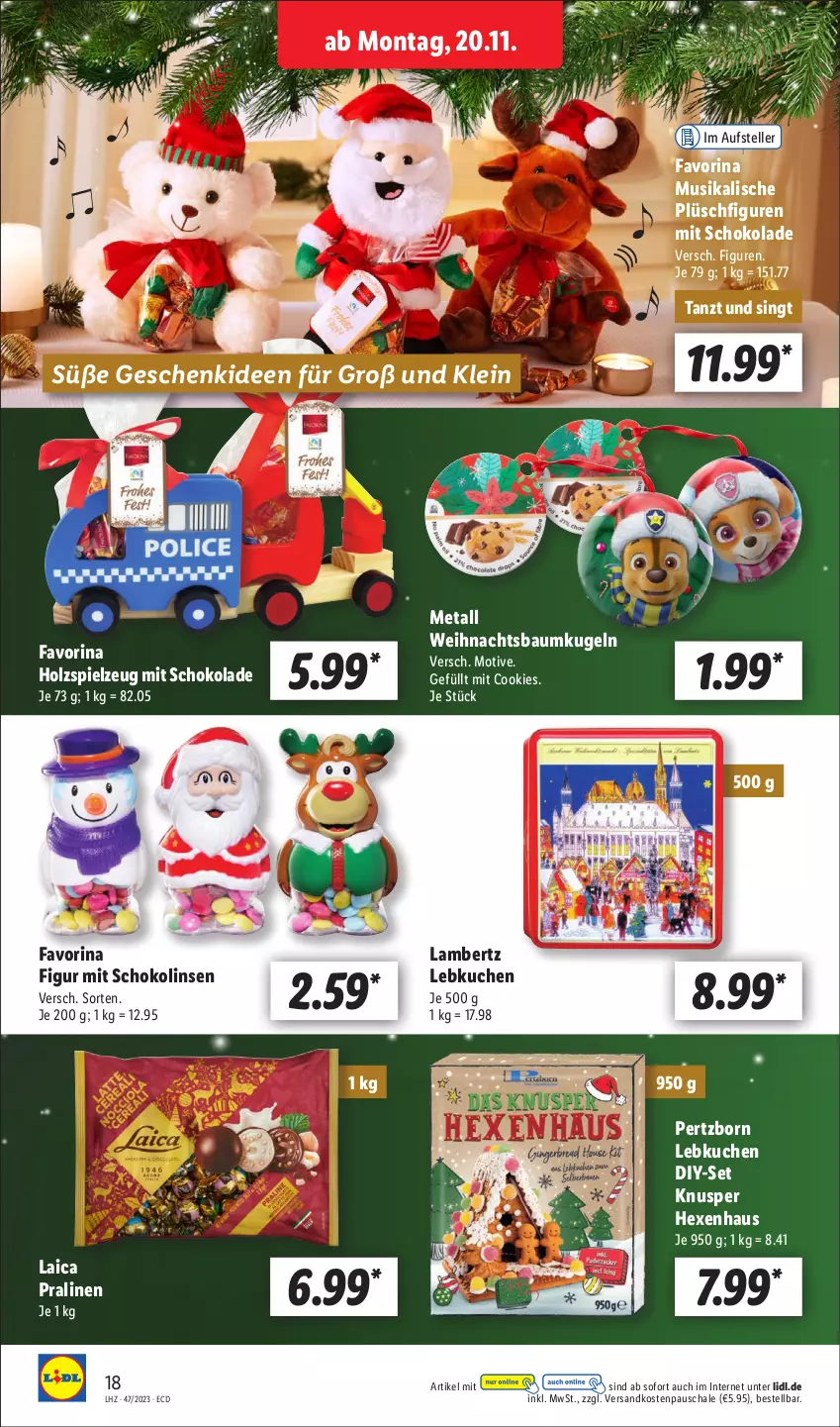 Aktueller Prospekt Lidl - Aktionsprospekt - von 20.11 bis 25.11.2023 - strona 22 - produkty: Amber, Bau, Baumkugel, cookie, cookies, elle, Holz, kuchen, Kugel, lambertz, Lebkuchen, linsen, ndk, Plüsch, pralinen, Schal, Schale, schoko, schokolade, Schokolinsen, spielzeug, teller, Ti, Weihnachtsbaum