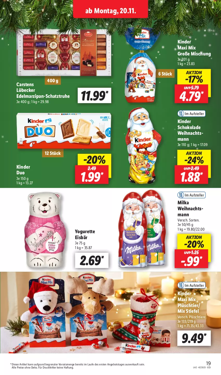 Aktueller Prospekt Lidl - Aktionsprospekt - von 20.11 bis 25.11.2023 - strona 23 - produkty: angebot, Cars, Edelmarzipan, eis, elle, Kinder, Kinder Maxi, kinder schokolade, Lübecker, marzipan, milka, Plüsch, reis, schoko, schokolade, teller, Ti, Tiere, Yo, yogurette, ZTE