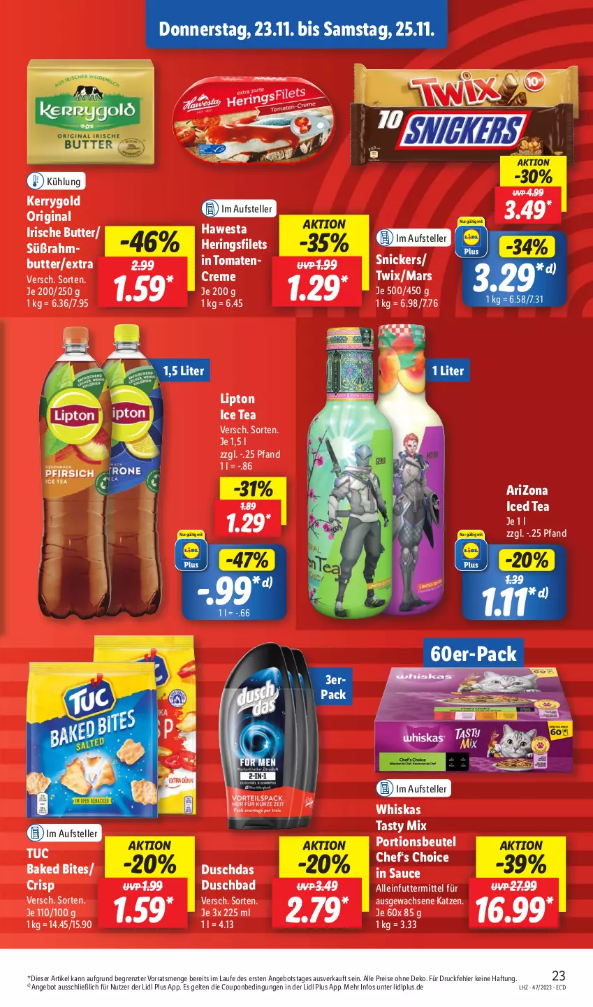 Aktueller Prospekt Lidl - Aktionsprospekt - von 20.11 bis 25.11.2023 - strona 27 - produkty: alleinfuttermittel, angebot, Bad, beutel, bites, butter, coupon, creme, duschbad, duschdas, eis, elle, filet, filets, gin, hawesta, hering, Herings, heringsfilets, ice tea, irische butter, kerrygold, lipton, lipton ice tea, mars, portionsbeutel, reis, ring, sauce, snickers, Süßrahmbutter, teller, Ti, tomate, tomaten, tuc, twix, whiskas, ZTE