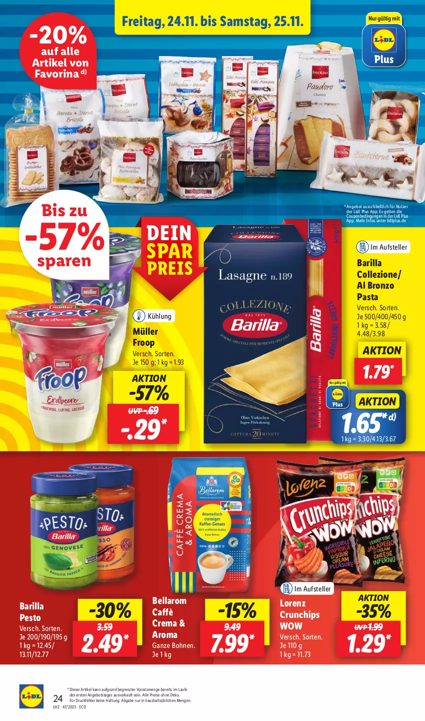 Aktueller Prospekt Lidl - Aktionsprospekt - von 20.11 bis 25.11.2023 - strona 28 - produkty: angebot, barilla, bohne, bohnen, caffè crema, chips, coupon, crunchips, drucker, eis, elle, Engel, froop, kerze, lorenz, lorenz crunchips, Müller, müller froop, papier, pasta, pesto, reis, teller, Ti, ZTE