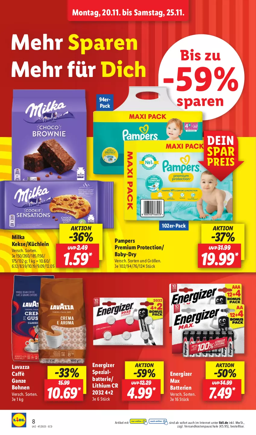 Aktueller Prospekt Lidl - Aktionsprospekt - von 20.11 bis 25.11.2023 - strona 8 - produkty: batterie, batterien, bohne, bohnen, eis, energizer, keks, kekse, lavazza, milka, ndk, pampers, reis, Schal, Schale, Spezi, Ti