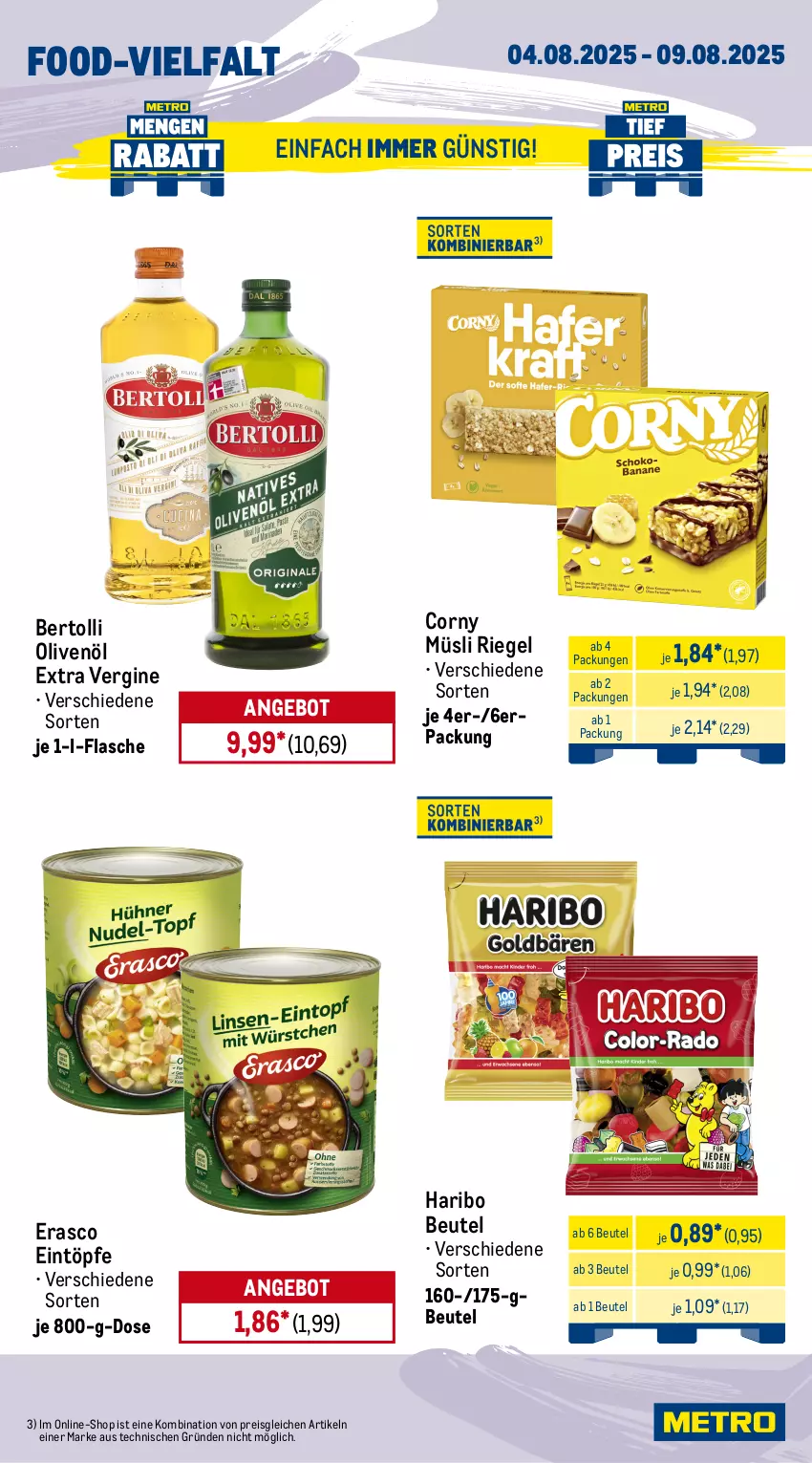 Aktueller Prospekt Metro - Wochen-Angebote - von 04.08 bis 09.08.2025 - strona 11 - produkty: angebot, bertolli, beutel, cola, corny, eintöpfe, eis, elle, erasco, flasche, fleisch, gin, haribo, müsli, olive, oliven, olivenöl, olivenöl extra, reis, riegel, rind, rindfleisch, schoko, schwein, schweine, Ti, tiefpreis, wein, weine, wiener, wiener würstchen, würstchen