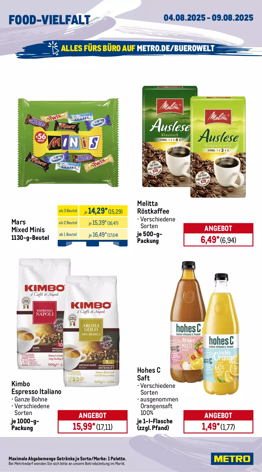 Aktueller Prospekt Metro - Wochen-Angebote - von 04.08 bis 09.08.2025 - strona 12 - produkty: Alwa, angebot, becks, beutel, bohne, bourbon, espresso, flasche, gerolsteine, gerolsteiner, getränk, getränke, Hohes C, jim beam, kaffee, mars, melitta, Metro, mineralwasser, orange, orangen, orangensaft, Palette, röstkaffee, saft, steiner, Ti, wasser, whisky