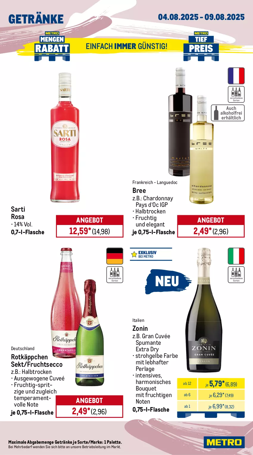 Aktueller Prospekt Metro - Wochen-Angebote - von 04.08 bis 09.08.2025 - strona 14 - produkty: alkohol, angebot, aperitif, beere, bree, chardonnay, cuvée, ecco, eis, flasche, frucht, fruchtsecco, getränk, getränke, himbeer, himbeere, lillet, martini, mit frucht, Palette, perla, puma, reis, rotkäppchen, sekt, spumante, Ti, zonin, zucker