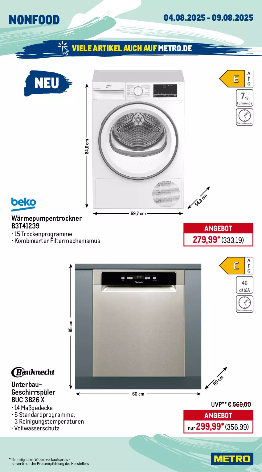 Aktueller Prospekt Metro - Wochen-Angebote - von 04.08 bis 09.08.2025 - strona 18 - produkty: angebot, backofen, Bau, decke, eis, elle, garraum, gefrierschrank, geschirr, geschirrspüler, kochfeld, kühlschrank, Metro, Ofen, Reinigung, reis, rum, Schrank, schubladen, Spektrum, teller, Ti, Trockner, türanschlag wechselbar, wärmepumpentrockner, wasser