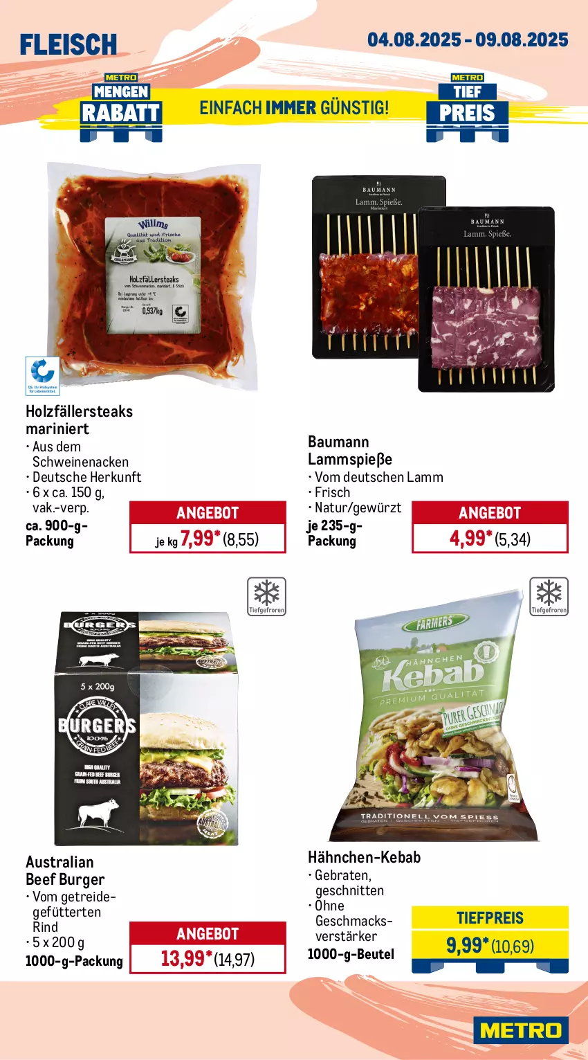 Aktueller Prospekt Metro - Wochen-Angebote - von 04.08 bis 09.08.2025 - strona 4 - produkty: Abtei, angebot, angebote, aqua, aust, Bau, beef, beutel, braten, burger, eis, elle, filet, fisch, fische, Fischer, fleisch, forelle, frischfisch, früchte, garnelen, gewürz, Holz, holzfällersteaks, lachs, lachsfilet, lamm, Lammspieße, mac, meeresfrüchte, Metro, natur, reis, rel, rind, rwe, Schere, schnitten, schwein, schweine, schweinenacken, seelachsfilet, steak, steaks, Steinbeißer, Steinbeißerfilet, Ti, tiefpreis, wein, weine, Wild