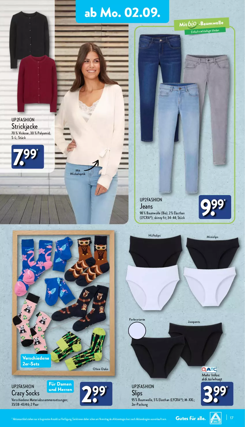 Aktueller Prospekt Aldi Nord - Von Montag - von 02.09 bis 07.09.2024 - strona 17 - produkty: aldi, Bau, baumwolle, bio, gin, Jacke, jeans, kleid, Minislip, Pants, Ria, slip, slips, Strickjacke, Ti, up2fashion, WICK, wolle, ZTE