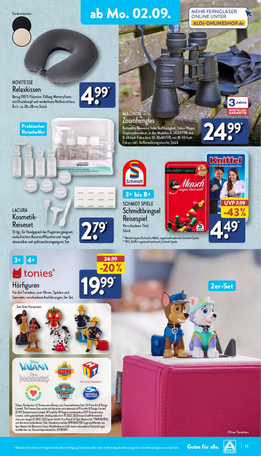 Aktueller Prospekt Aldi Nord - Von Montag - von 02.09 bis 07.09.2024 - strona 19 - produkty: aldi, aufbewahrungstasche, Bau, dell, deo, disney, ehrmann, eis, elle, ente, erde, Fernglas, flasche, gin, Gläser, Kinder, kissen, kosmetik, LG, Mode, Paw Patrol, reis, Reiseset, rel, Ria, ring, rwe, Spiele, spülmaschinen, Tasche, Ti, tisch, Toniebox, ZTE