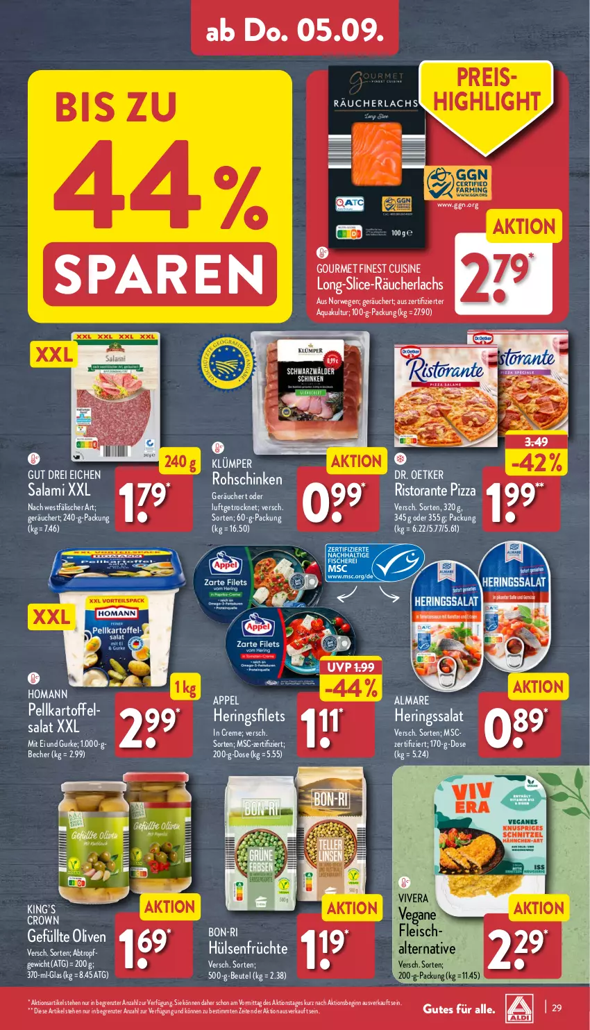 Aktueller Prospekt Aldi Nord - Von Montag - von 02.09 bis 07.09.2024 - strona 29 - produkty: almare, aqua, Becher, beutel, creme, Dr. Oetker, eis, filet, filets, fleisch, Fleischalternative, früchte, gin, gurke, hering, Herings, heringsfilets, Heringsfilets in Creme, homann, hülsenfrüchte, kartoffel, kartoffelsalat, lachs, olive, oliven, pizza, Räucherlachs, reis, ring, ristorante, ristorante pizza, rohschinken, rwe, salami, salat, Schal, schinken, senf, Ti, Vegane Fleisch, ZTE