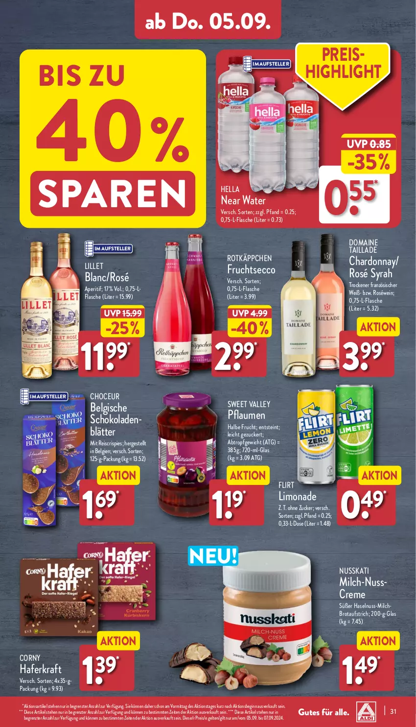 Aktueller Prospekt Aldi Nord - Von Montag - von 02.09 bis 07.09.2024 - strona 31 - produkty: aperitif, aufstrich, brot, brotaufstrich, chardonnay, corny, creme, ecco, eis, elle, flasche, frucht, fruchtsecco, gin, hafer, haselnuss, hella, kraft, LG, lillet, limo, limonade, milch, nuss, pflaume, pflaumen, reis, roséwein, rotkäppchen, schoko, schokolade, schokoladen, teller, Ti, wein, ZTE, zucker