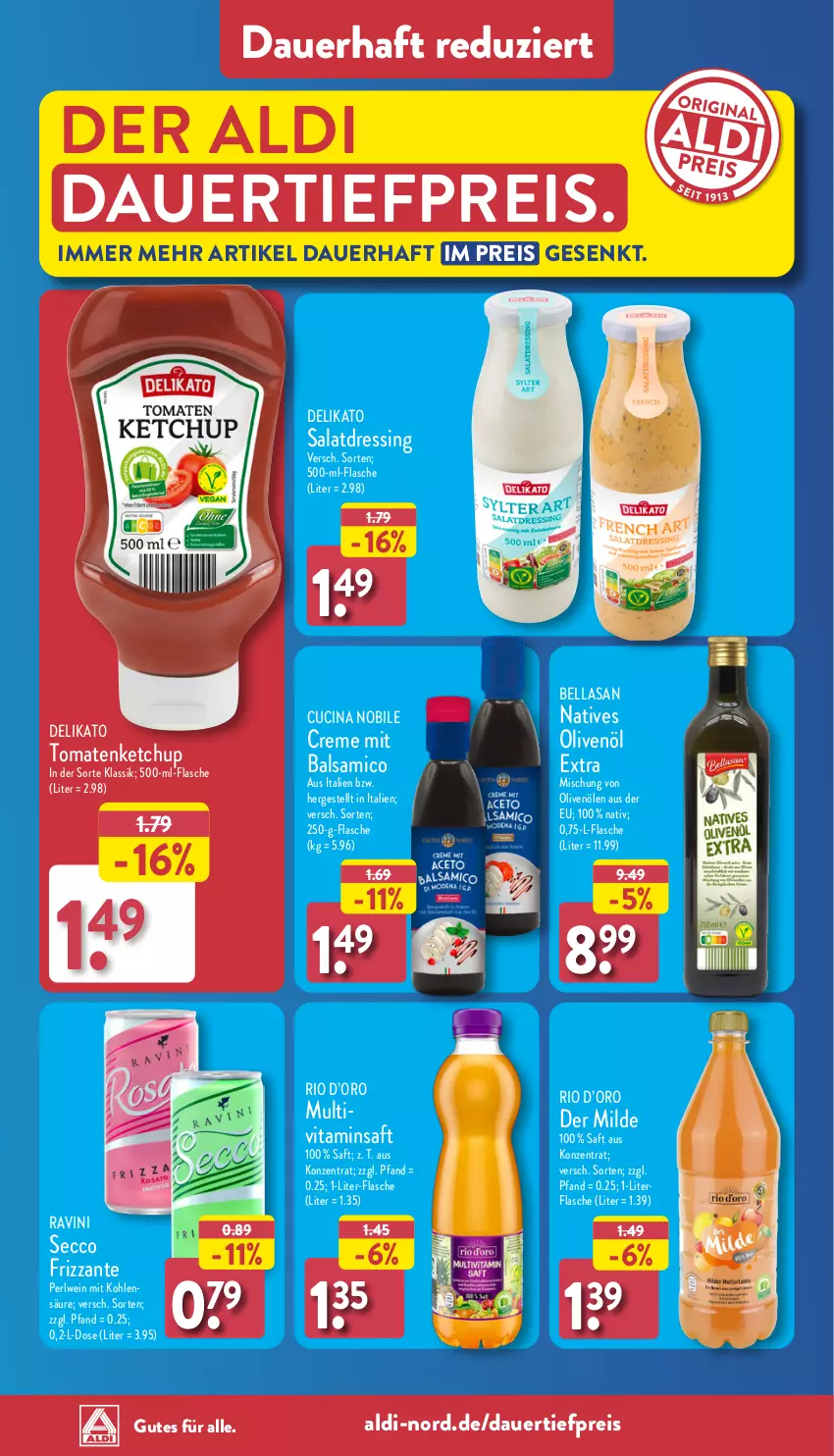 Aktueller Prospekt Aldi Nord - Von Montag - von 02.09 bis 07.09.2024 - strona 38 - produkty: aldi, auer, balsam, balsamico, cin, creme, dauertiefpreis, dressing, ecco, eis, flasche, frizzante, ketchup, Multivitaminsaft, natives olivenöl, olive, oliven, olivenöl, olivenöl extra, reis, saft, salat, salatdressing, Ti, tiefpreis, tomate, tomaten, tomatenketchup, vita, wein