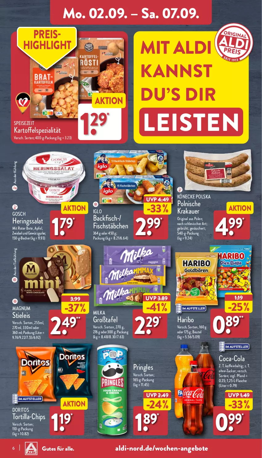 Aktueller Prospekt Aldi Nord - Von Montag - von 02.09 bis 07.09.2024 - strona 6 - produkty: aldi, angebot, angebote, apfel, auer, aus der tiefkühlung, backfisch, Becher, beutel, chips, coca-cola, cola, Doritos, eis, elle, fisch, fischstäbchen, flasche, gewürz, Gewürzgurke, gin, gurke, haribo, hering, Herings, iglo, kartoffel, krakauer, magnum, milka, pringles, reis, ring, salat, Spezi, stieleis, teller, Ti, tortilla, zucker, zwiebel