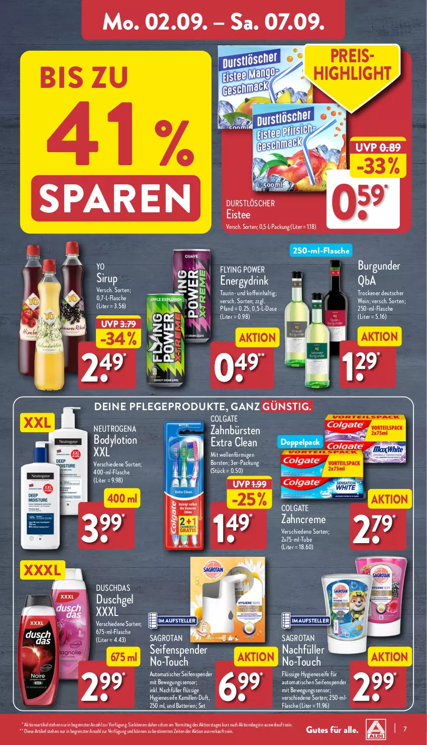 Aktueller Prospekt Aldi Nord - Von Montag - von 02.09 bis 07.09.2024 - strona 7 - produkty: auto, batterie, batterien, Bewegungssensor, body, bodylotion, burgunder, bürste, bürsten, colgate, creme, drink, durstlöscher, duschdas, duschgel, eis, eistee, elle, flasche, gin, Kamill, kamille, LG, Lotion, neutrogena, reis, sagrotan, Seife, seifenspender, sirup, tee, teller, Ti, tisch, wein, Yo, zahnbürste, zahnbürsten, zahncreme, ZTE