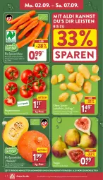 Gazetka promocyjna Aldi Nord - Von Montag - Gazetka - ważna od 07.09 do 07.09.2024 - strona 2 - produkty: aldi, angebot, beutel, bio, eis, Feigen, kartoffel, kartoffeln, Kürbis, leine, möhren, reis, rispentomaten, Schal, Schale, speisekartoffeln, speisemöhren, Ti, tomate, tomaten, trolli, ZTE