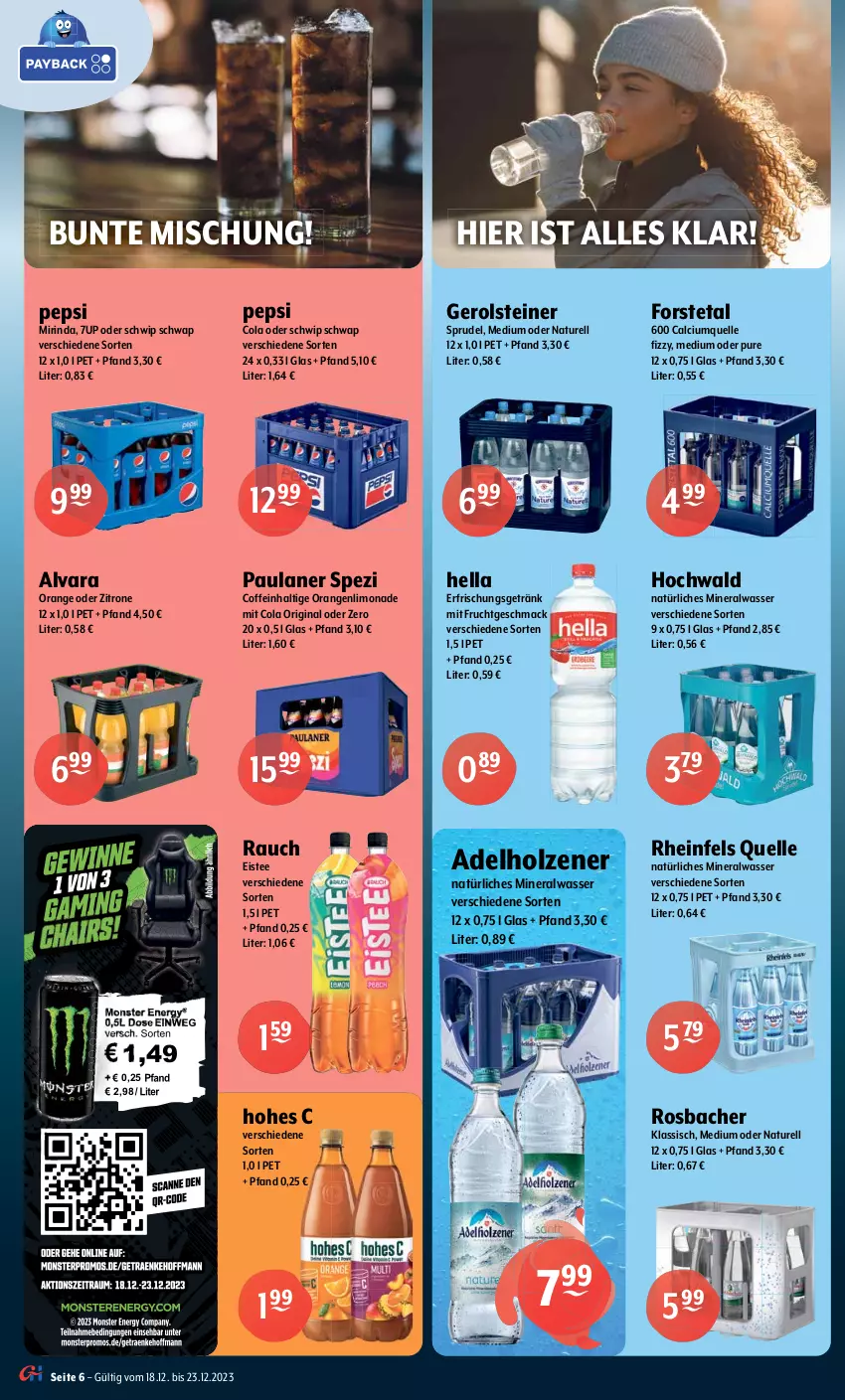 Aktueller Prospekt Getraenke Hoffmann - Prospekte - von 18.12 bis 23.12.2023 - strona 6 - produkty: 7UP, adelholzener, Alwa, apfel, baileys, burgunder, Calcium, chardonnay, coffein, cola, cuvée, dry gin, eier, eierlikör, eis, eistee, elle, ente, erfrischungsgetränk, Forstetal, frucht, gerolsteine, gerolsteiner, getränk, gin, gracioso, grana, granatapfel, Havana Club, hella, hochwald, Hohes C, Holz, hugo, Hula Hoop, irish cream, jack daniel, Jack Daniel’s, likör, limo, limonade, lion, mac, mineralwasser, Mirinda, mit frucht, natur, natürliches mineralwasser, orange, orangen, Paula, paulaner, pepsi, Rana, Rauch, rel, rheinfels quelle, riesling, rind, rotwein, rum, sauvignon, sauvignon blanc, Schwip Schwap, Spezi, Sprudel, steiner, tee, tennessee whiskey, Ti, wasser, wein, whiskey, zitrone