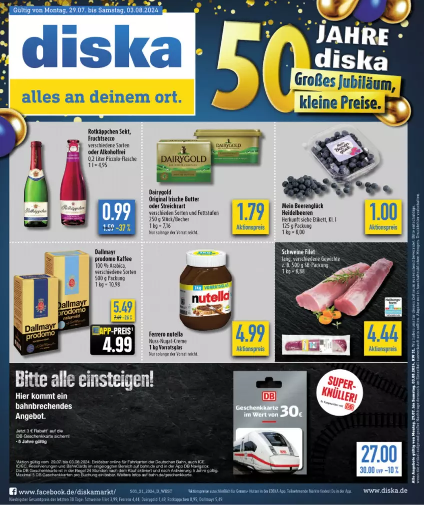 Aktueller Prospekt Diska - von 22.07 bis 27.07.2024 - strona 1 - produkty: aktionspreis, alkohol, angebot, angebote, Becher, beere, beeren, buch, butter, creme, Dairygold, dallmayr, ecco, eis, ferrero, filet, flasche, frucht, fruchtsecco, gin, heidelbeere, heidelbeeren, irische butter, kaffee, lion, nuss, nuss-nugat-creme, nutella, prodomo, reis, rotkäppchen, schwein, schweine, sekt, Streichzart, Ti, wein, weine, ZTE