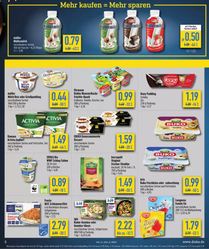 Aktueller Prospekt Diska - von 22.07 bis 27.07.2024 - strona 5 - produkty: activia, activia joghurt, Becher, beere, bio, bordelaise, Buko, cheddar, danone, Dany, deka, dessert, edeka bio, ehrmann, eis, ente, erdbeere, filet, frischkäse, frosta, früchte, gin, Grießpudding, joghur, joghurt, Käse, kerrygold, kirsch, kirsche, langnese, milch, monster, nuss, pudding, quark, rahm-gemüse, reis, robby, sahne, schlemmerfilet, schoko, tee, Ti, Tiere, vanille