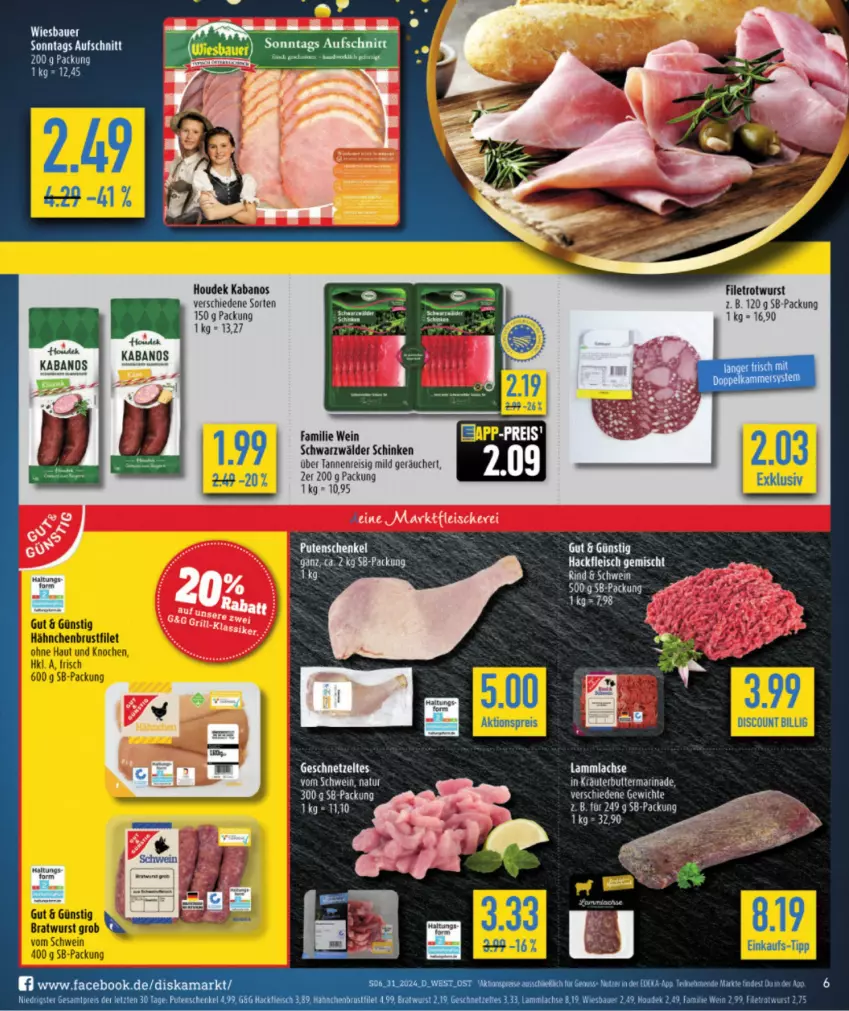 Aktueller Prospekt Diska - von 22.07 bis 27.07.2024 - strona 6 - produkty: auer, aufschnitt, Bau, Bauer, butter, eis, ente, filet, fleisch, geschnetzeltes, houdek, kabanos, kräuter, kräuterbutter, lachs, lamm, lammlachse, marinade, natur, reis, Rotwurst, schinken, schwarzwälder schinken, schwein, tee, wein, wiesbauer, wurst, Zelt