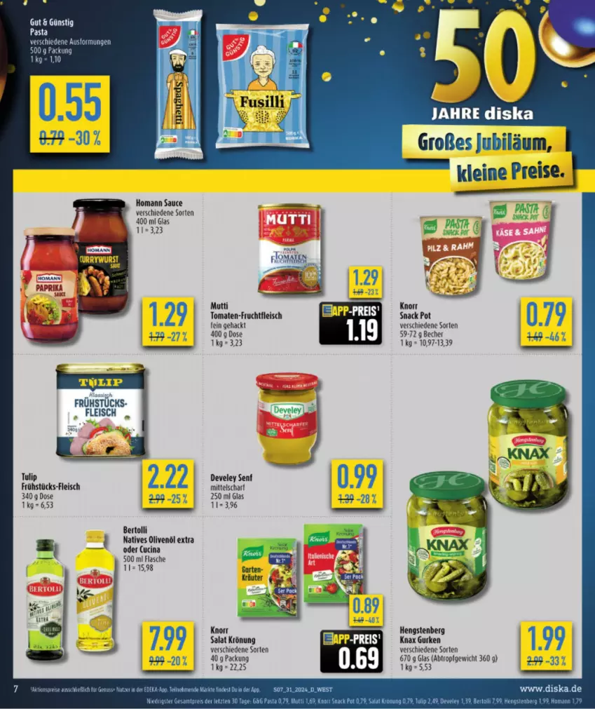 Aktueller Prospekt Diska - von 22.07 bis 27.07.2024 - strona 7 - produkty: Becher, bertolli, cin, develey, eis, flasche, fleisch, frucht, fruchtfleisch, gurke, gurken, hengstenberg, homann, leine, natives olivenöl, olive, oliven, olivenöl, olivenöl extra, paprika, pasta, reis, Ria, salat, sauce, senf, snack, Ti, tomate, tomaten, tulip