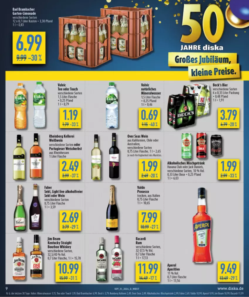 Aktueller Prospekt Diska - von 22.07 bis 27.07.2024 - strona 9 - produkty: alkohol, Alwa, aperol, aust, bacardi, bacardi rum, Bad, bier, bourbon, bourbon whiskey, ecco, eier, eis, elle, flasche, Garten, getränk, jack daniel, jack daniels, jim beam, kentucky straight, leine, limo, limonade, mineralwasser, natürliches mineralwasser, prosecco, reis, rum, sekt, tee, Ti, tuc, valdo, volvic, volvic natürliches, wasser, wein, Weißwein, whiskey