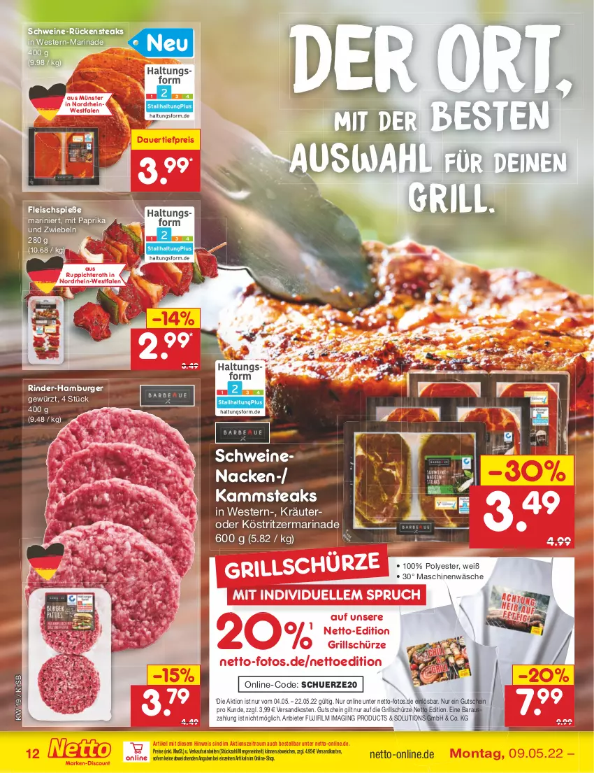 Aktueller Prospekt Netto Marken-Discount - Filial-Angebote - von 09.05 bis 14.05.2022 - strona 12 - produkty: auer, burger, dauertiefpreis, eis, elle, fleisch, Fleischspieße, gewürz, gin, grill, gutschein, hamburger, köstritzer, kräuter, marinade, mit paprika, ndk, paprika, reis, rind, rinder, Rückensteak, rückensteaks, Schürze, schwein, schweine, schweinenacken, steak, steaks, Ti, tiefpreis, wein, weine, Weste, zwiebel, zwiebeln