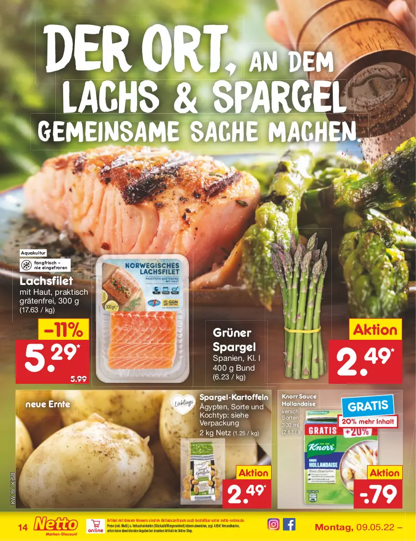 Aktueller Prospekt Netto Marken-Discount - Filial-Angebote - von 09.05 bis 14.05.2022 - strona 14 - produkty: aqua, eis, filet, grüner spargel, hollandaise, kartoffel, kartoffeln, knorr, lachs, lachsfilet, mac, ndk, reis, sac, sauce, sauce hollandaise, spargel, Ti, tisch