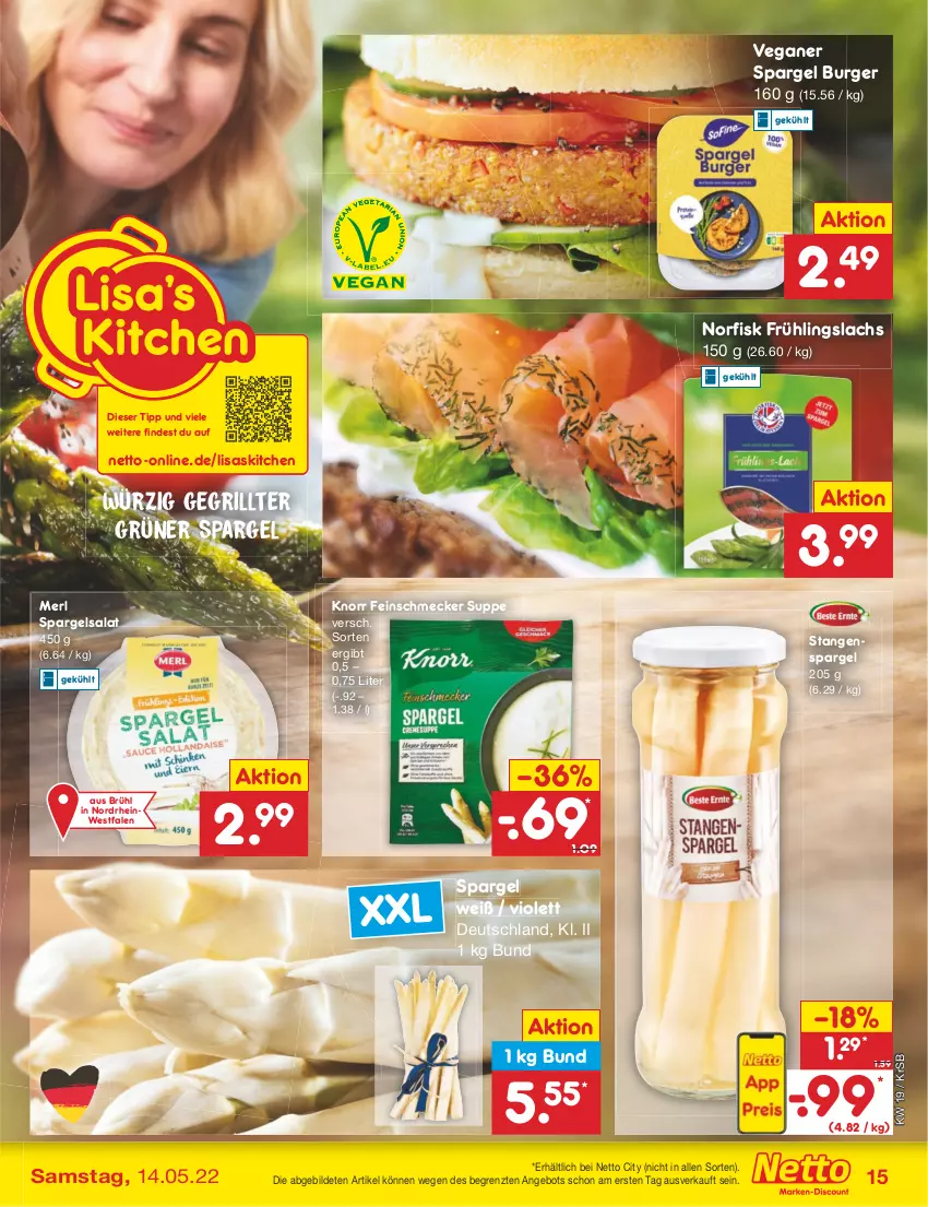 Aktueller Prospekt Netto Marken-Discount - Filial-Angebote - von 09.05 bis 14.05.2022 - strona 15 - produkty: angebot, burger, feinschmecker, grill, grüner spargel, knorr, lachs, merl, salat, spargel, stangenspargel, suppe, Ti, ZTE