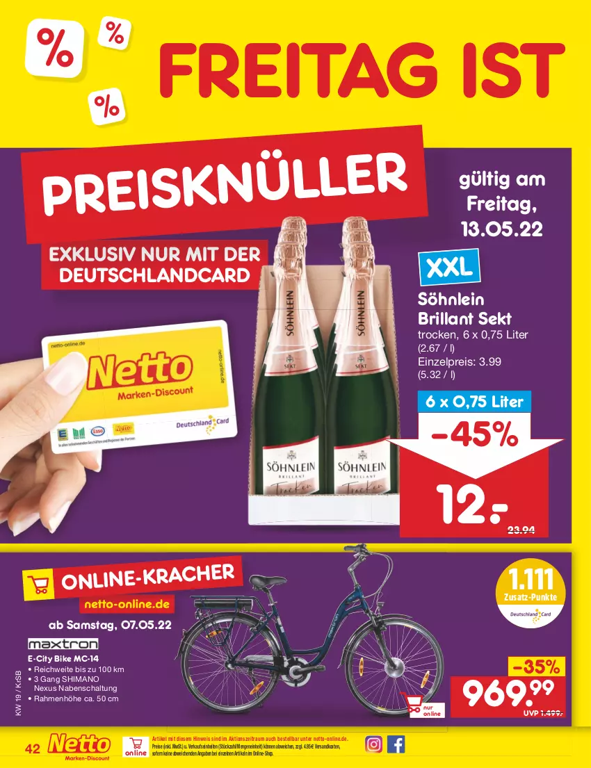 Aktueller Prospekt Netto Marken-Discount - Filial-Angebote - von 09.05 bis 14.05.2022 - strona 42 - produkty: brillant sekt, deutschlandcard, eis, ndk, nexus, reis, Schal, sekt, shimano, söhnlein, söhnlein brillant, Ti