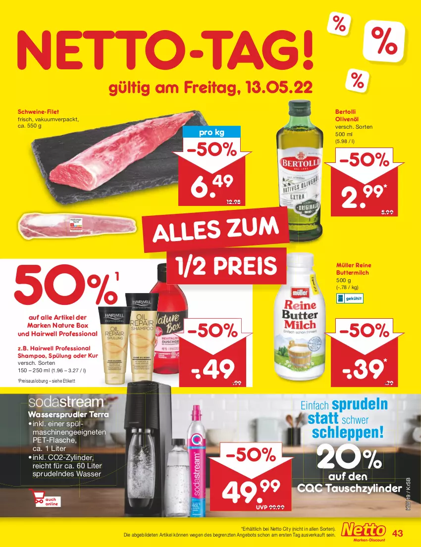 Aktueller Prospekt Netto Marken-Discount - Filial-Angebote - von 09.05 bis 14.05.2022 - strona 43 - produkty: angebot, bertolli, butter, buttermilch, eis, filet, flasche, milch, Müller, natur, nature box, olive, oliven, olivenöl, pet-flasche, reine buttermilch, reis, rwe, schwein, schweine, schweine-filet, shampoo, Sprudel, spülmaschinen, spülung, Ti, wasser, wassersprudler, wein, weine, ZTE