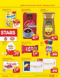 Gazetka promocyjna Netto Marken-Discount - Filial-Angebote - Gazetka - ważna od 14.05 do 14.05.2022 - strona 39 - produkty: amicelli, angebot, bohne, bohnen, bohnenkaffee, creme, eduscho, haselnuss, Haselnusscreme, jacobs, Jacobs Gold, kaffee, kakao, Kinder, kitkat, lion, löslicher bohnenkaffee, merci, nesquik, nuss, schoko, schokolade, tafelschokolade, Ti, Tüte, Waffelröllchen, ZTE