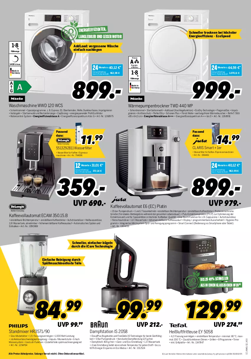 Aktueller Prospekt Medimax - MEDIMAX Prospekt KW41 2022 - von 07.10 bis 13.10.2022 - strona 7 - produkty: abholpreise, alpro, auer, auto, Behälter, bügel, Cap, cappuccino, cin, dekoration, eier, eis, elle, ente, espresso, Finish, fritteuse, gefu, Germ, grill, grillplatte, Heißluftfritteuse, hemd, hemden, jeans, kaffee, kaffeevollautomat, latte, messer, milch, Mixer, Ofen, Reinigung, reis, rind, rinder, rum, Schal, smartphone, spee, Spektrum, Spezi, Spülen, spülmaschinen, standmixer, tablet, tasse, tefal, teller, Ti, timer, tisch, Trockner, trommel, wärmepumpentrockner, waschmaschine, wasser, wasserfilter, wassertank, wolle