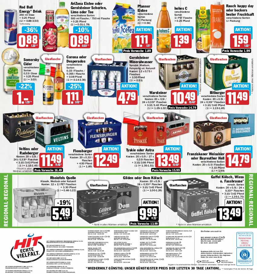 Aktueller Prospekt Hit - Prospekte - von 17.04 bis 22.04.2023 - strona 16 - produkty: Alwa, angebot, angebote, Astra, auer, Bad, Beckers Bester, Berger, bier, bitburger, braun, brause, burger, cider, corona, desperados, drink, drucker, eimer, eis, eistee, elle, Engel, fassbrause, fisch, flasche, flensburger, franziskaner, frucht, fruchtsaft, gerolsteine, gerolsteiner, glasflasche, Happy Day, Hohes C, kerze, limo, Lübecker, mineralwasser, natur, pfanne, Pfanner, radeberger, Rauch, red bull, reis, rel, rheinfels quelle, saft, schorle, somersby, Sprudel, steiner, tee, Ti, tyskie, uhr, veltins, warsteiner, wasser, weissbier, ZTE