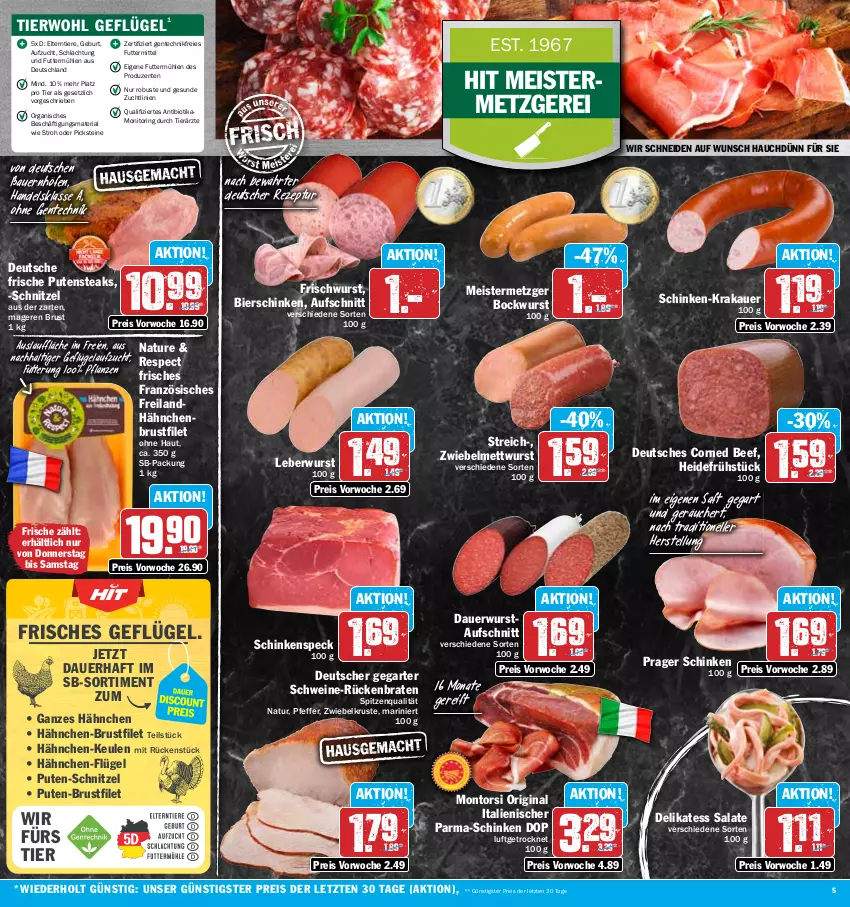 Aktueller Prospekt Hit - Prospekte - von 17.04 bis 22.04.2023 - strona 5 - produkty: auer, aufschnitt, Bau, Bauer, beef, bier, bierschinken, bio, bockwurst, braten, brustfilet, corned beef, eis, elle, ente, filet, Geflügel, gin, hähnchen-brustfilet, heidefrühstück, krakauer, leberwurst, Meister, Mett, mettwurst, monitor, montorsi, natur, nuss, pfeffer, pflanze, pflanzen, pute, putensteaks, reis, rezept, Ria, ring, Rückenbraten, saft, salat, salate, schinken, schinkenspeck, schnitzel, schwein, schweine, Speck, spitzenqualität, steak, steaks, Ti, Tiere, wein, weine, wurst, ZTE, zwiebel, zwiebelmettwurst