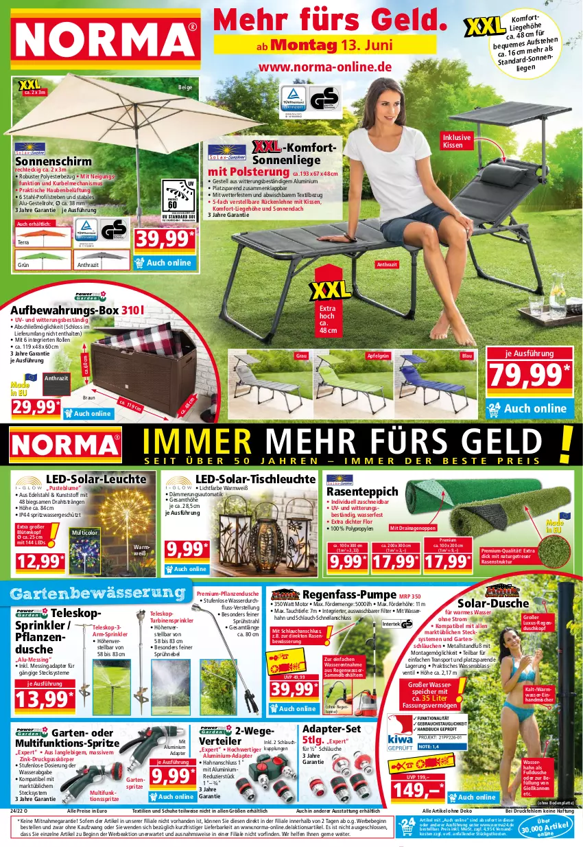 Aktueller Prospekt Norma - Norma - von 13.06 bis 20.06.2022 - strona 1 - produkty: adapter, apfel, auto, Bebe, Behälter, blume, Blüte, Bodenplatte, braun, Draht, dusche, edelstahl, eis, elle, ente, Garten, Gießkanne, gin, kissen, latte, leds, Leuchte, LG, Liege, natur, ndk, pflanze, pflanzen, rasen, reis, rückenlehne, rum, schlauch, schläuche, schuhe, sonnenliege, sonnenschirm, Sport, Teleskop, teppich, Ti, tisch, tischleuchte, wasser