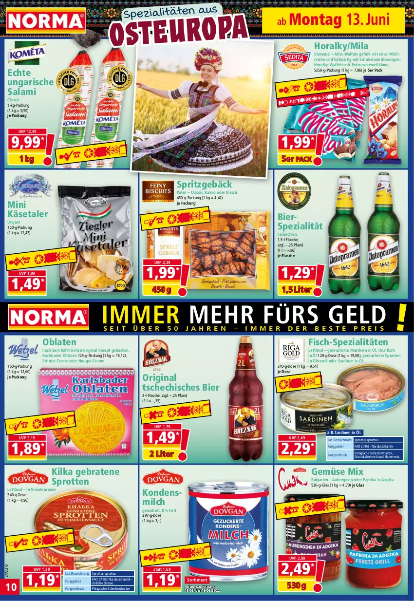 Aktueller Prospekt Norma - Norma - von 13.06 bis 20.06.2022 - strona 10 - produkty: aubergine, auberginen, Bad, bier, braten, creme, erdnuss, fisch, flasche, geback, Gemüse Mix, gin, hose, hosen, in olivenöl, kakao, Käse, kirsch, kondensmilch, LG, milch, Muscheln, nuss, Oblaten, olive, oliven, olivenöl, paprika, rezept, riegel, salami, Sardinen, sauce, schoko, schokolade, Spezi, Sprotten, thunfisch, Ti, tomate, tomaten, tomatensauce, Ungarische Salami, waffeln, zucker